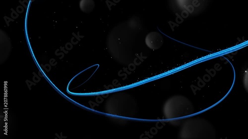 Light trail curves across a dark void filled with soft bokeh spheres to create a sense of motion.