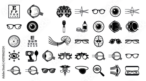 Photos Ophthalmology clinic and vision care eyewear icons.