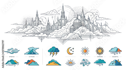 Bild auf Leinwand Geometric city in the clouds with weather and celestial icons