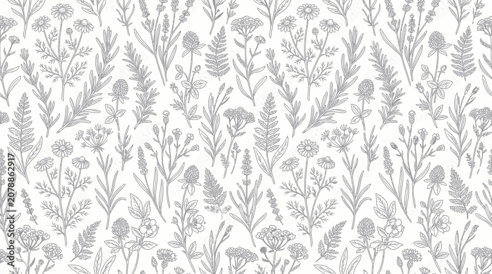 Fototapeta premium Seamless pattern of sketched medicinal herbs and wildflowers