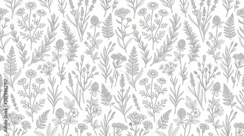 Bild auf Leinwand Seamless pattern of sketched medicinal herbs and wildflowers