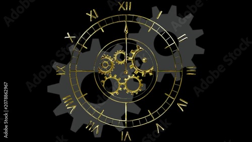 Gear mechanism rotates behind a large clock face to illustrate the complex inner workings of time.