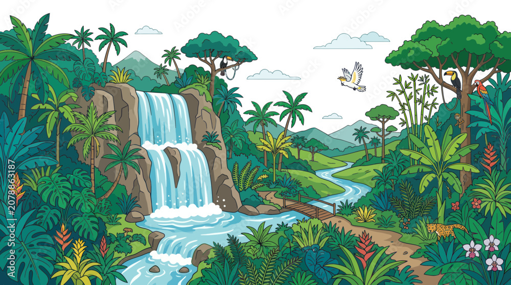 Naklejka premium Tropical rainforest landscape with waterfall and exotic animals