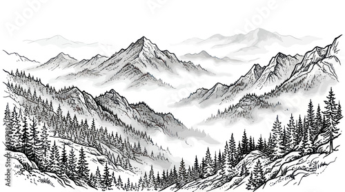 Cuadro en lienzo Majestic mountain range with pine forests and misty valleys