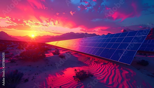Vibrant desert sunset behind solar panel