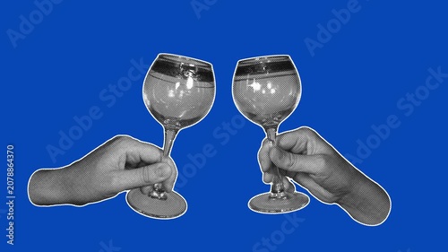Two halftone hands clinking wine glasses in cheers gesture on blue background. Retro pop art style, seamless loop suitable for celebration and elegant occasion content.