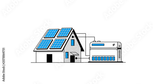 A house with solar panels on the roof connected to a large battery storage system for home energy.