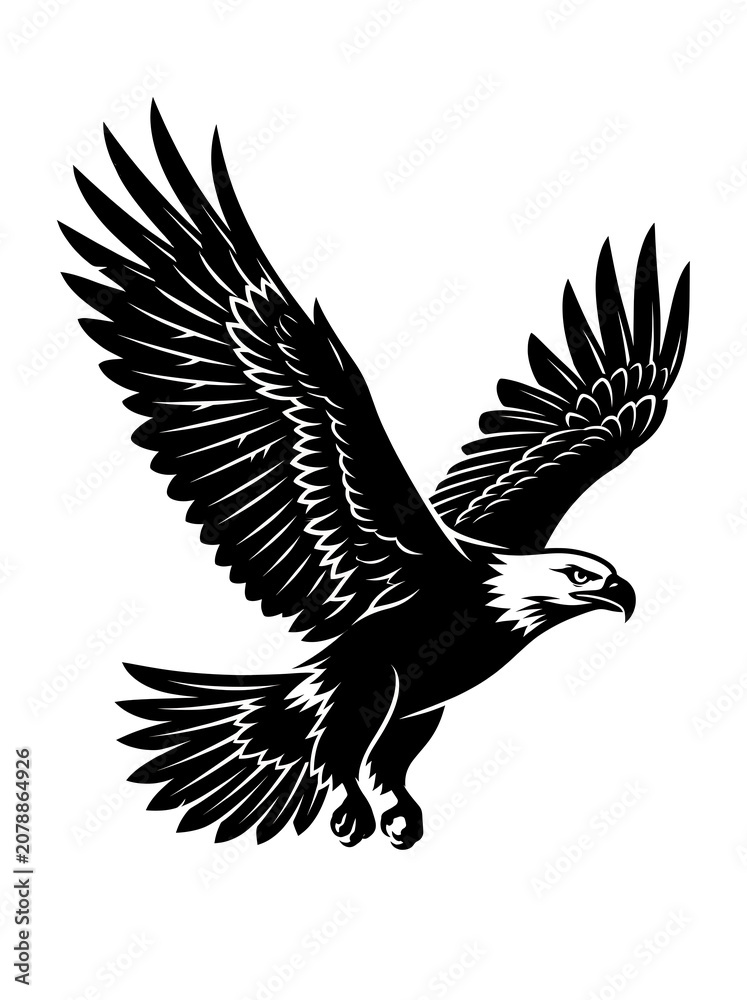 Naklejka premium Black and white flying bald eagle silhouette icon