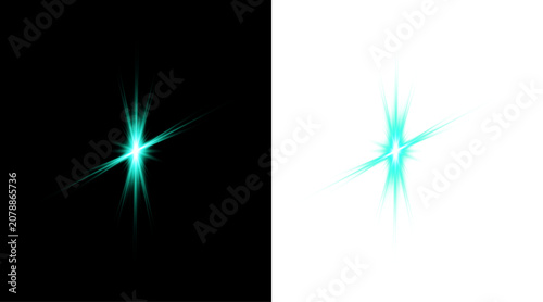 Cyan starburst light effect dual presentation on black transparent background.