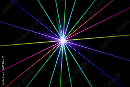 Vibrant multicolor light effect with radiating beams on black background