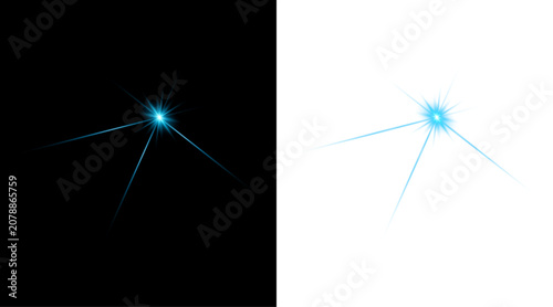 Blue light effect sparkling starburst on black transparent background.
