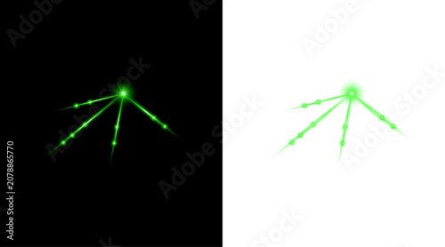 Green light effect laser beam streaks on black transparent background.