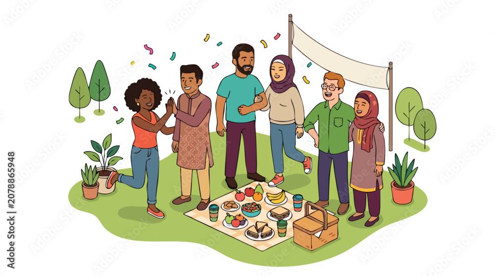 Fototapeta premium Diverse Friends Celebrating Together at Cheerful Outdoor Picnic with Food Confetti and Blank Banner for Invitation