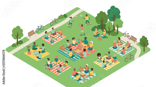 Community Picnic in Park for Outdoor Gathering Diversity Food Games and Leisure Isometric Illustration