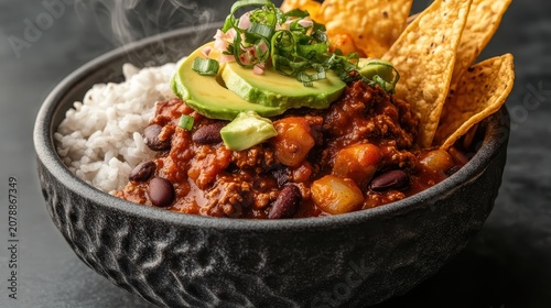 Steaming bowl of chili, rice, avocado slices, and tortilla chips, representing hearty plant-based eating and delicious healthy meals.