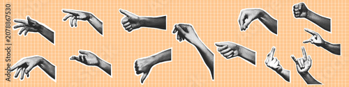 Collection of halftone hands showing various gestures on orange grid background. Retro pop art style, including pointing, thumb up, thumb down, fist, and more.