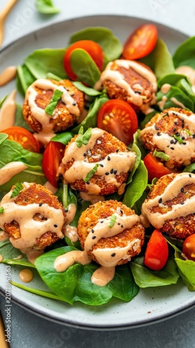 Crispy plant-based balls on fresh spinach and cherry tomatoes with creamy dressing, healthy meal presentation.