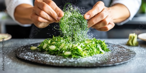 Green salad preparation, fresh vegetables being sprinkled with white seasoning on a dark plate, elegant food styling.