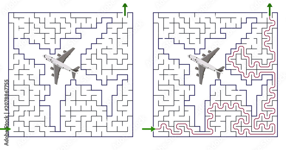 Fototapeta premium Educational Games for Kids Maze with a Solution, Maze with a Plane for Kids 4-7 Years Old 