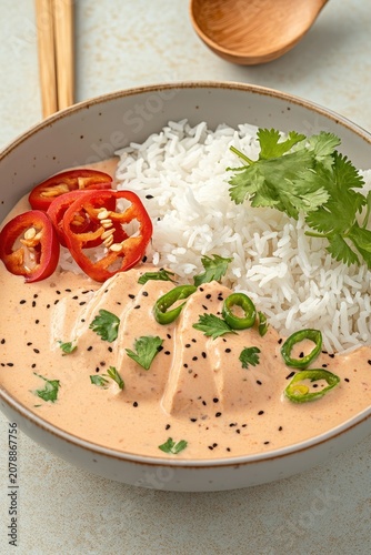 Creamy plant protein dish with fluffy white rice, topped with fresh cilantro, sliced red chili, and green chili rings, sprinkled with black sesame seeds.