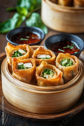 Crispy fried tofu and green vegetable wraps served in a bamboo steamer with dipping sauce.