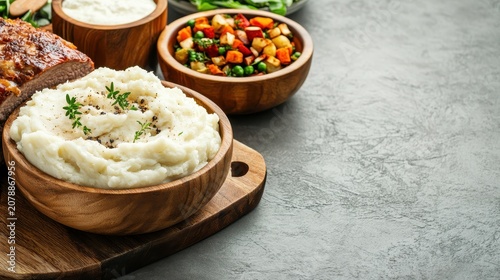 Creamy mashed potatoes in wooden bowl with herb garnish and side dishes on textured surface, wholesome plant based meal