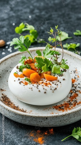 Fresh white food sphere adorned with vibrant green herbs and sliced orange fruits, seasoned with spices on a textured plate.