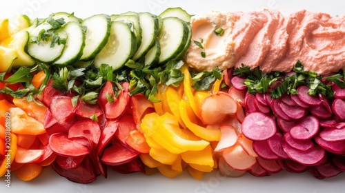 Colorful arrangement of fresh vegetables and dips, showcasing healthy eating with sliced beets, peppers, radishes, cucumbers, and creamy spreads on a bright surface.