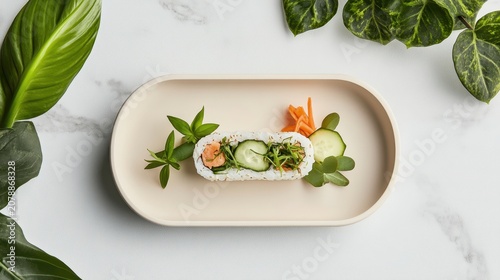 Fresh sushi roll with cucumber and greens on a plate, surrounded by lush leaves, emphasizing plant based fresh eating.