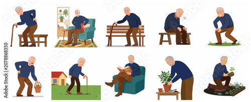 Fotografie Elderly Man Character Set Featuring Senior Health Issues, Back Pain, Gardening,