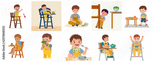 Schilderij op canvas Set of little boy illustrations showing various mealtime emotions, picky eating
