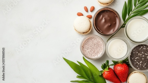 Healthy plant based eating. Sweet macarons, fresh strawberries, almonds, chocolate, chia seed pudding, and plant milk presented on light surface.