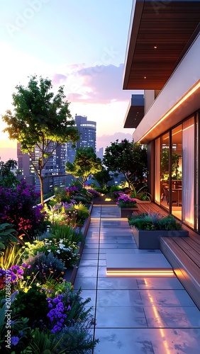 A modern building's exterior with a garden and pathway at dusk