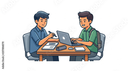 Two young boys studying together at a table with a laptop.