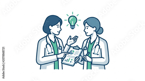 Two doctors discussing medical information with a lightbulb idea symbol.