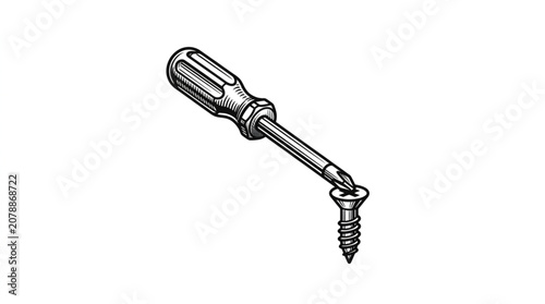 Screwdriver turning a screw in a white background illustration.