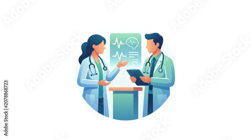 Two doctors discussing medical information on a tablet.