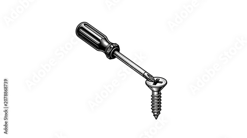 Screwdriver tool fastening a metal screw with a slotted head.