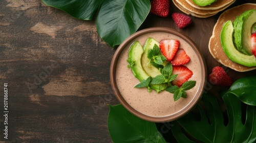 Vibrant plant based smoothie bowl with sliced avocado, fresh strawberries, green mint. Fluffy pancakes beside tropical foliage on dark wood.