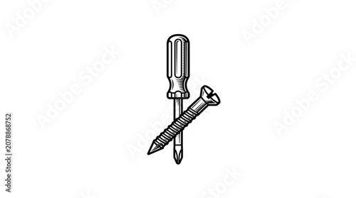 Close up of a metal screw and screwdriver isolated on white background.