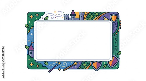 Fantasy Castle Border with Magic Elements and Shields.