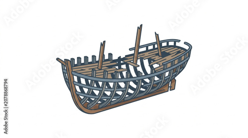 Old Wooden Shipwreck Hull Skeleton Isolated White Background.