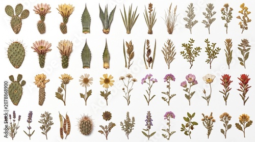 Pressed desert flora collection, a botanical array of dried cacti, succulents, and wildflowers, perfect for natural history and educational designs, showcasing delicate textures and earthy tones.