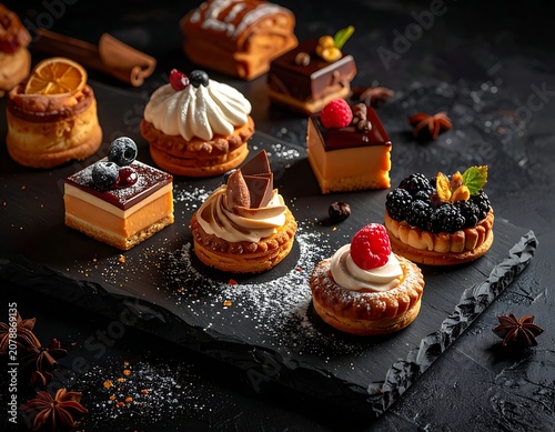 A selection of assorted pastries on a slate board