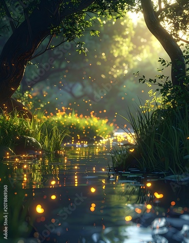 A serene forest scene with a stream, fireflies, and lush greenery (5)