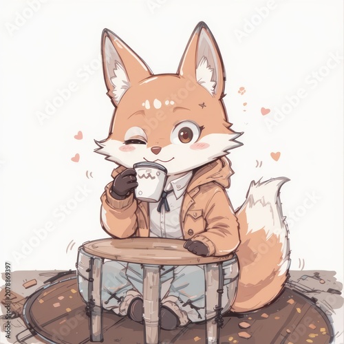 Cute fox character sitting at a small round wooden table