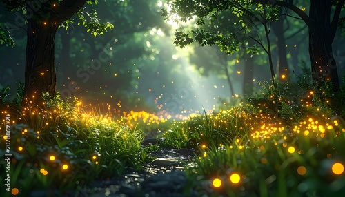 A serene forest scene with fireflies and sunlight (13)
