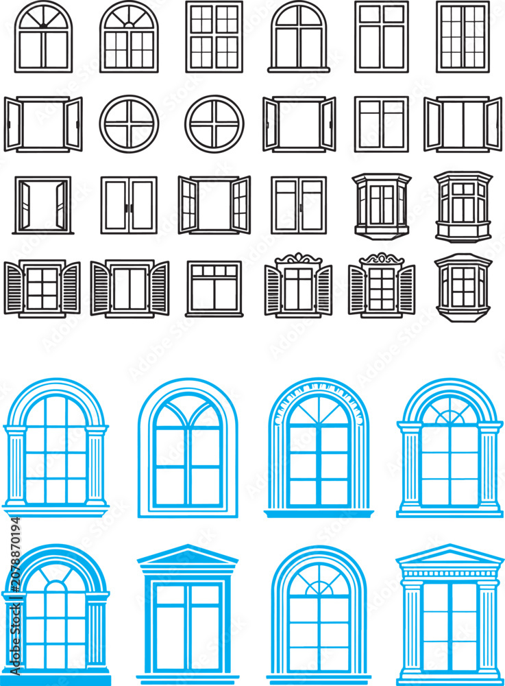 Obraz premium Architectural window icon set with various frame styles including arched rectangular bay and shuttered designs in vector line art