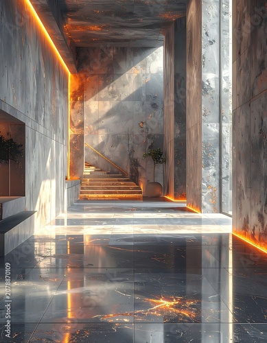 A long, dimly lit hallway with gray walls and orange lighting