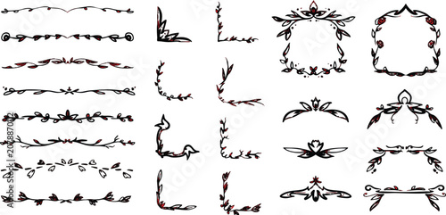 Organic style ornament for garden party, birthday, and wedding invitations, greeting cards, featuring various design types including frames, crowns, corners, and line